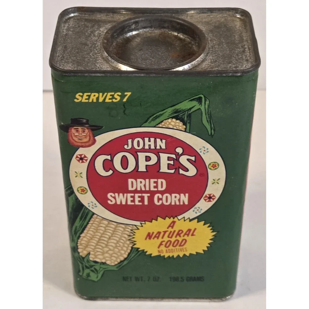Vintage John Cope’s Dried Sweet‎ Corn Tin Can Mid Century Green Food Advertising